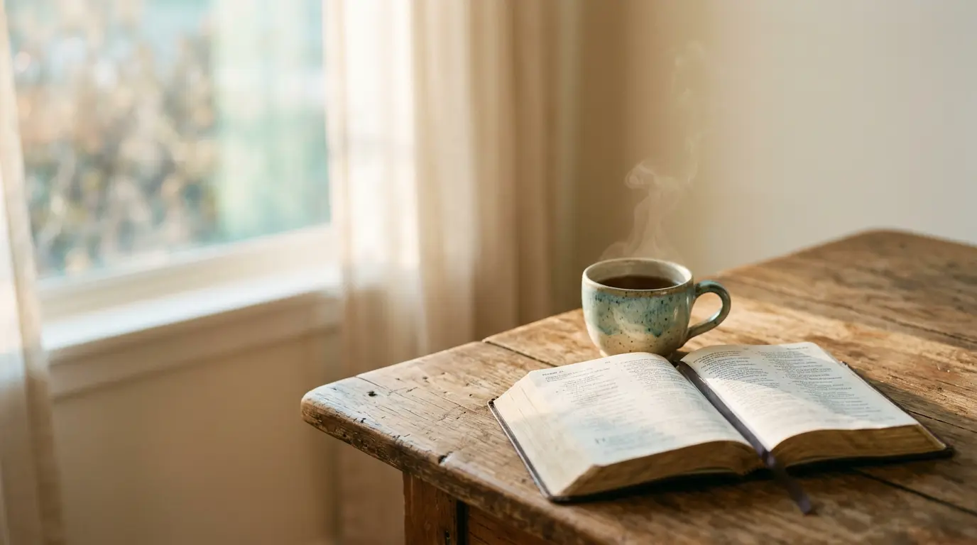 An open Bible and a cup of coffee on a wooden table in morning light